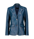 Front view of a Womens Blue Leather Blazer showing a two-button front closure, classic lapels, and waist flap pockets.