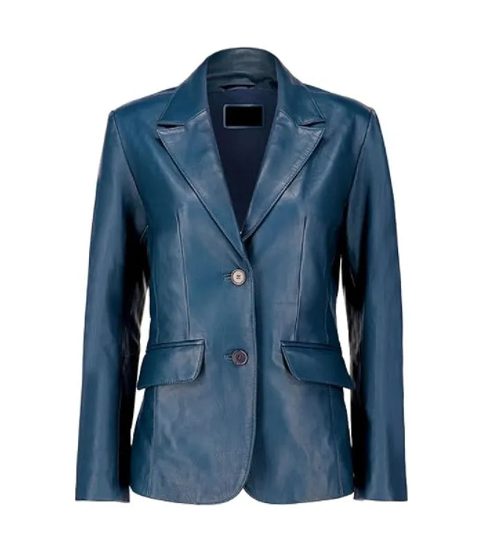 Front view of a Womens Blue Leather Blazer showing a two-button front closure, classic lapels, and waist flap pockets.