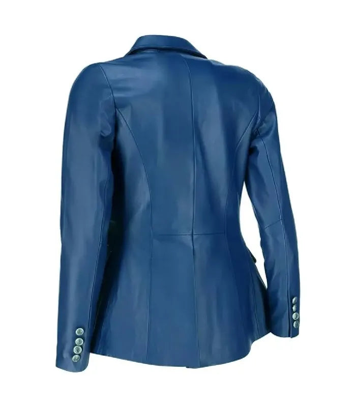 Rear view of Womens Double Breasted Blue Leather Blazer featuring structured back tailoring panels, silver cuff buttons, and notch collar.