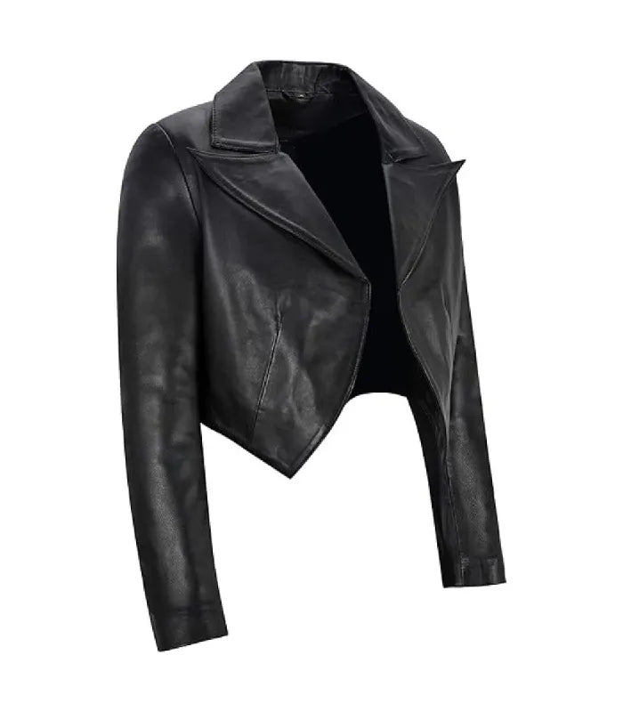 Three-quarter front view of Womens Black Bolero Cropped Leather Jacket featuring open front design, wide lapels and tailored waistline.