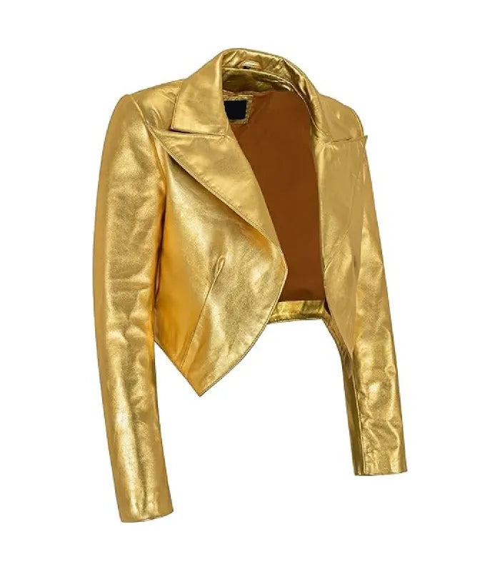 Three-quarter side view of Womens Gold Bolero Cropped Leather Jacket showcasing curved front hem, long sleeves, and metallic sheen finish.