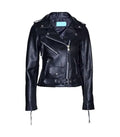 Front view of a women's Brando black leather biker jacket with a buckled waist belt, coin pocket flap, diagonal chest zip pocket, and asymmetrical zipper.