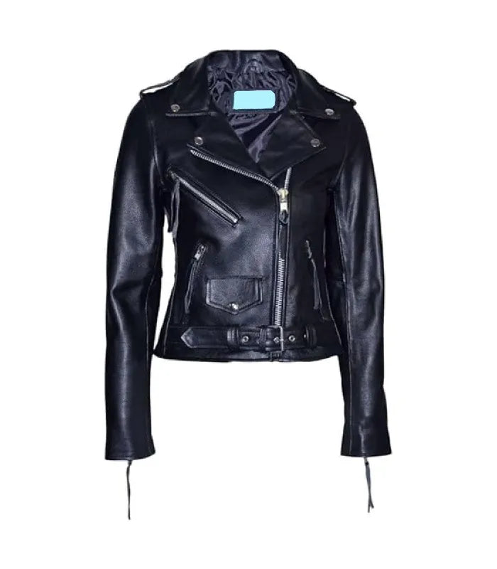 Front view of a women's Brando black leather biker jacket with a buckled waist belt, coin pocket flap, diagonal chest zip pocket, and asymmetrical zipper.