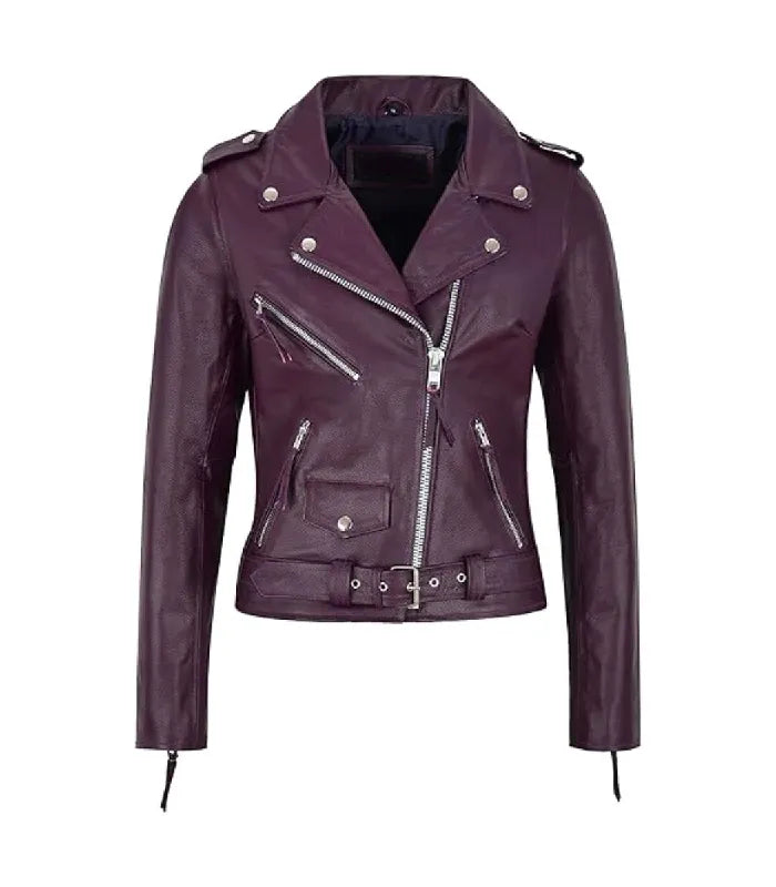 Direct front view of a women's Brando purple leather biker jacket displaying asymmetrical main zip, coin pocket flap, and lapel snaps.