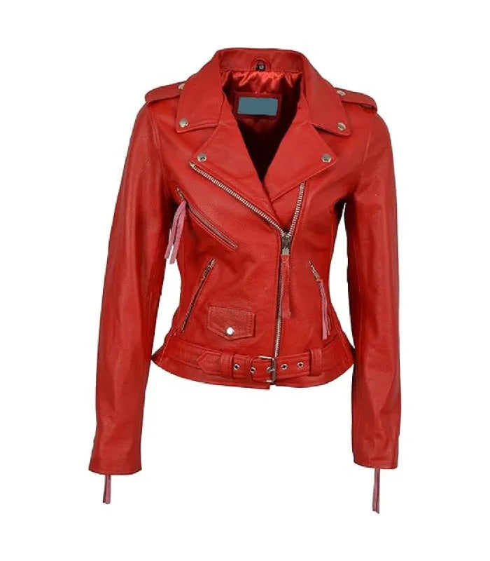 Front view of a women's Brando red leather biker jacket featuring buckled waist belt, coin pocket flap, asymmetrical zip closure, and notch lapel snaps.