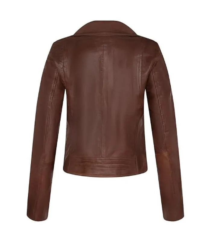 Rear view of a women's brown classic biker leather jacket showing sleek back seam construction and stitched bottom hem.