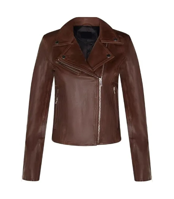 Front view of a women's brown classic biker leather jacket featuring an asymmetrical zipper closure, notch lapels, and side zip pockets.