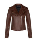 Front view of a women's brown classic biker leather jacket featuring an asymmetrical zipper closure, notch lapels, and side zip pockets.