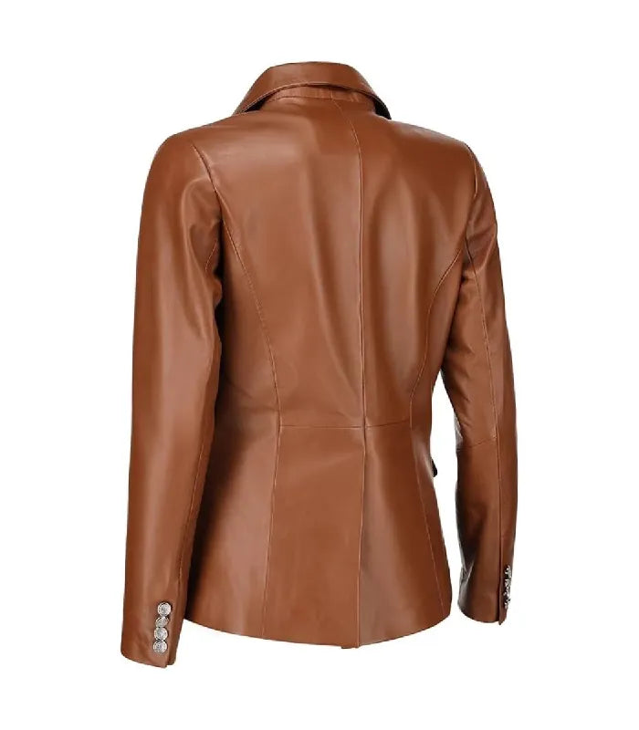 Rear view of Womens Double Breasted Brown Leather Blazer featuring structured back tailoring panels, silver cuff buttons, and notch collar.