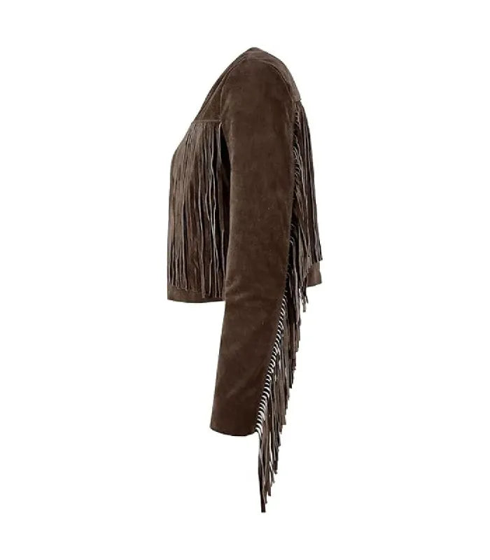 Profile side view of Brown Bolero Fringe Cropped Leather Jacket showcasing suede texture, chest fringe panel, and sleeve fringe fall.