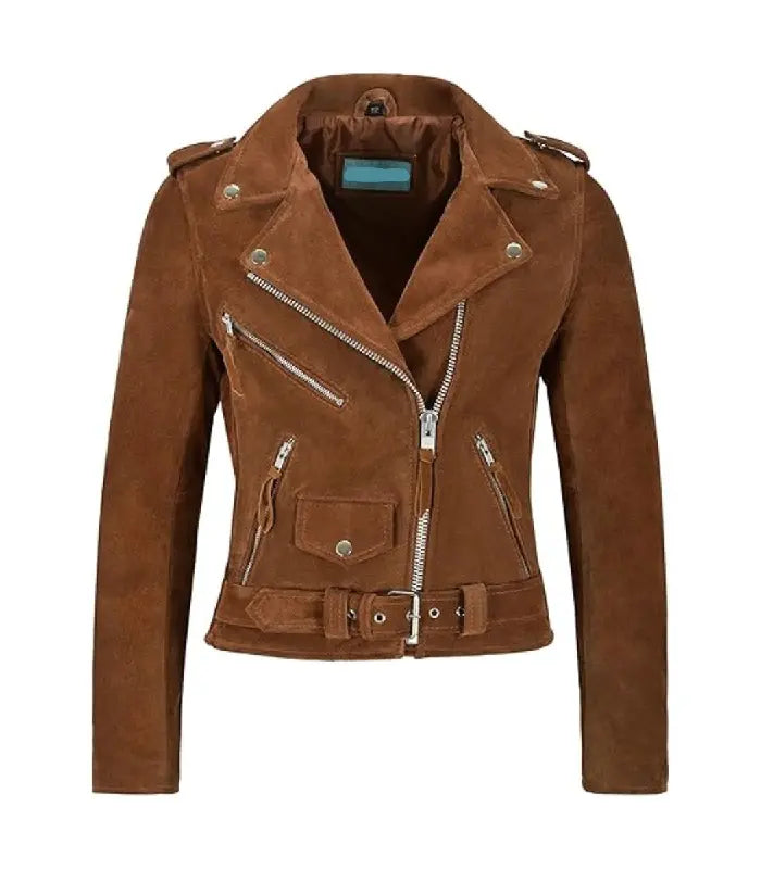 Brown Fringe Suede Leather Biker Jacket with asymmetrical zipper, lapel collar, and belt.