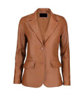 Front view of a Womens Brown Leather Blazer showing a two-button closure, notch lapels, and waist flap pockets.