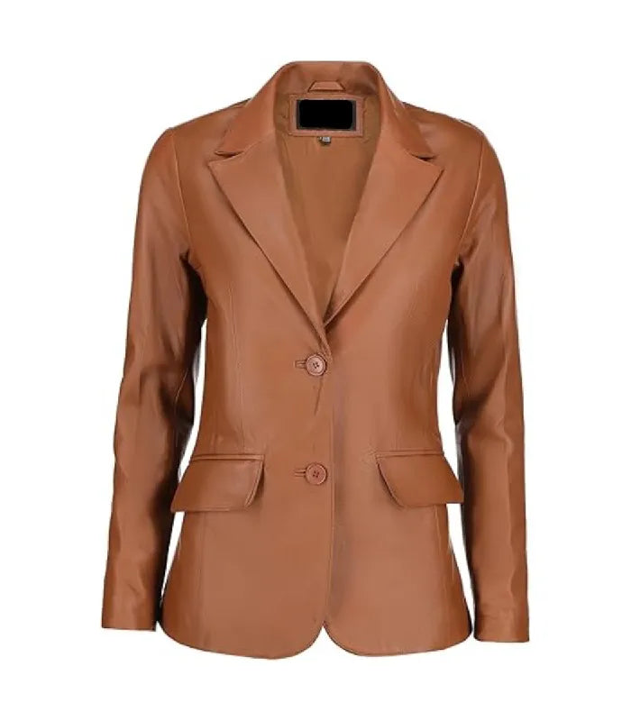 Front view of a Womens Brown Leather Blazer showing a two-button closure, notch lapels, and waist flap pockets.