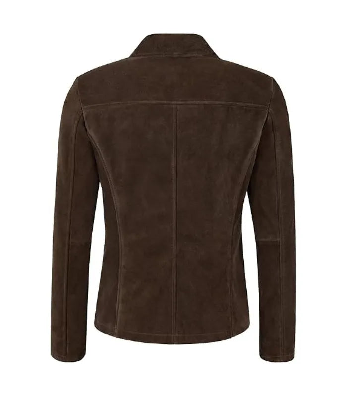 Rear view of Womens Brown Suede Leather Blazer featuring a horizontal back yoke panel, center spine seam, and tailored silhouette.