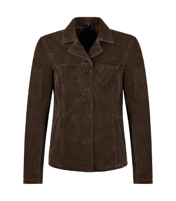 Front view of Womens Brown Suede Leather Blazer featuring button closure, notch lapel collar, horizontal yoke stitch, and side welt pockets.