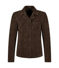 Front view of Womens Brown Suede Leather Blazer featuring button closure, notch lapel collar, horizontal yoke stitch, and side welt pockets.