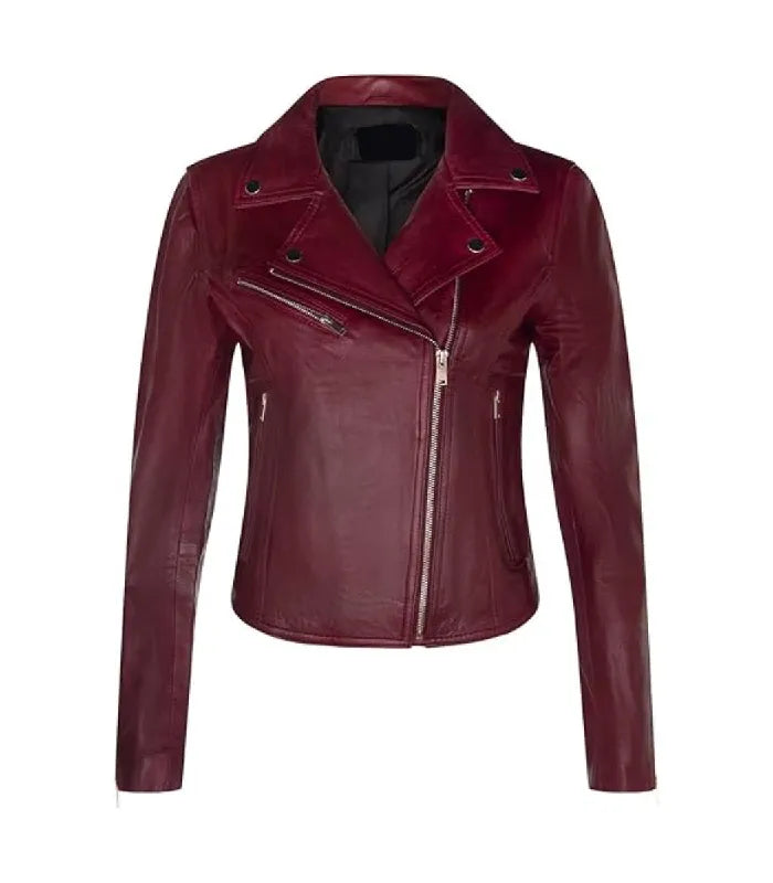 A women's biker jacket in a deep burgundy real leather, featuring an asymmetrical zipper, diagonal chest pocket, and side zip pockets shown against a plain white background.
