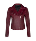 A women's biker jacket in a deep burgundy real leather, featuring an asymmetrical zipper, diagonal chest pocket, and side zip pockets shown against a plain white background.