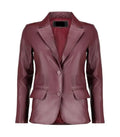 Front view of a Womens Burgundy Leather Blazer featuring classic notch lapels, a two-button closure, and side flap pockets.