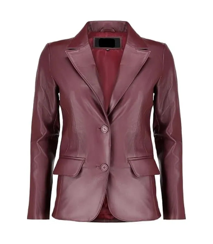 Front view of a Womens Burgundy Leather Blazer featuring classic notch lapels, a two-button closure, and side flap pockets.