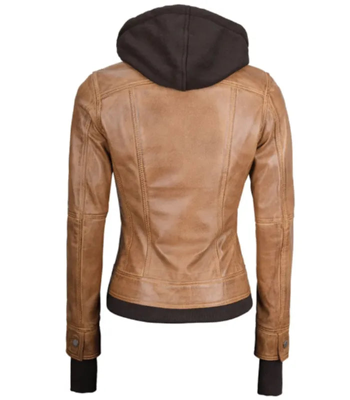 Rear view of a women's camel brown hooded leather bomber jacket displaying structured panel seams, attached dark fleece hood, and ribbed waist hem.