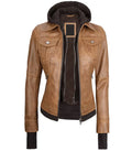 A women's brown leather hooded jacket with a black interior lining and black ribbed cuffs and hem, shown on a white background.