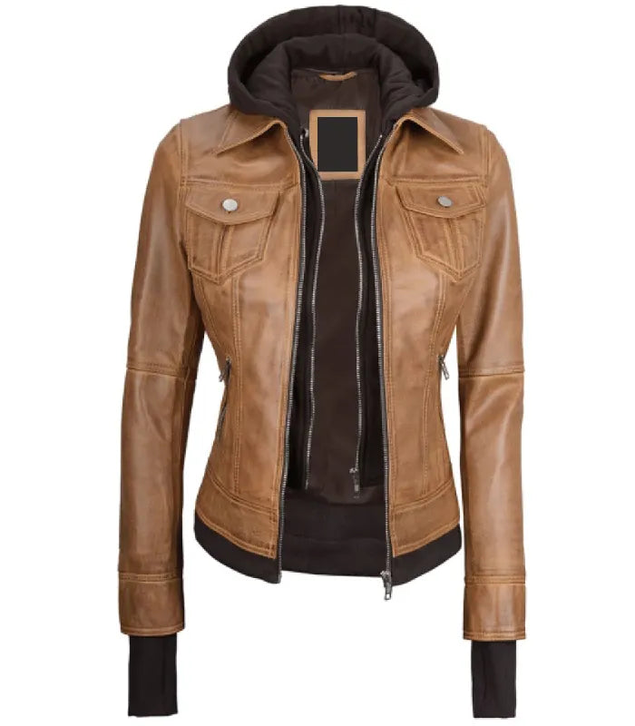A women's brown leather hooded jacket with a black interior lining and black ribbed cuffs and hem, shown on a white background.