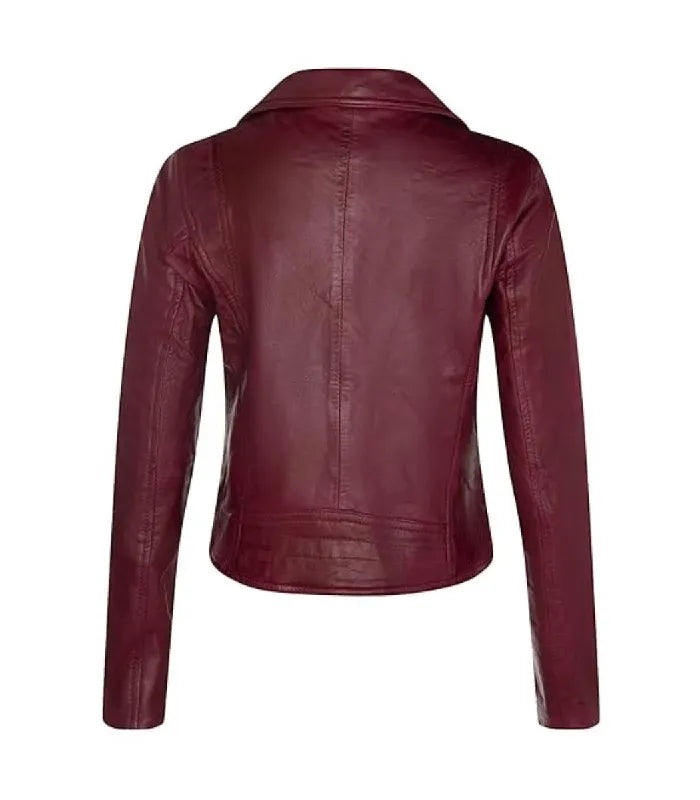 Rear perspective of a women's burgundy biker leather jacket showing structured back seam stitching and bottom hem detail.