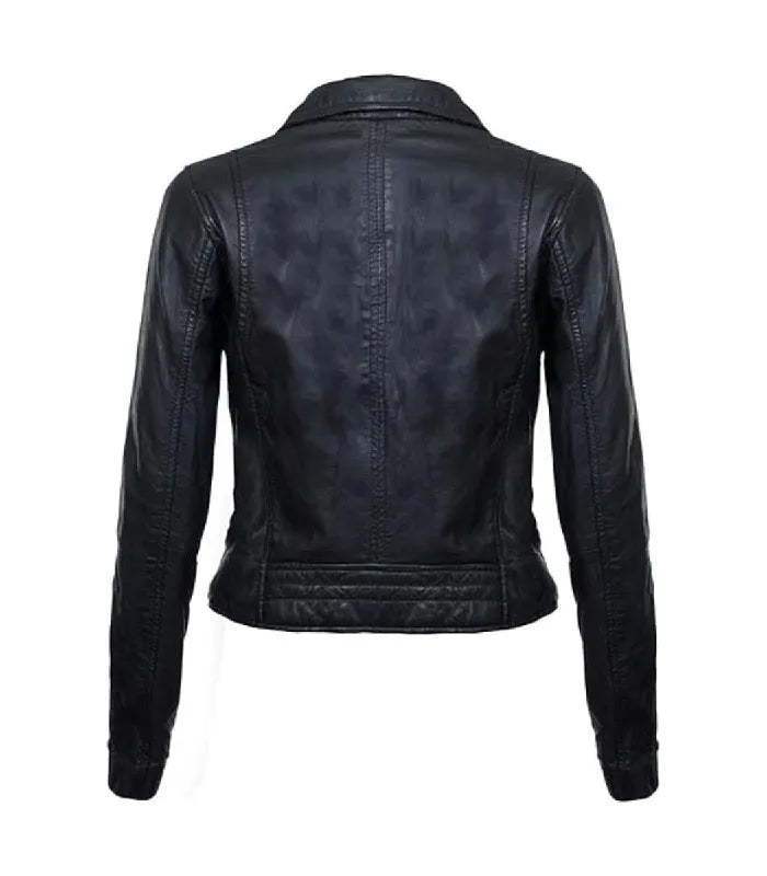 Rear perspective of a women's black biker leather jacket displaying fitted back seam lines and stitched hem detail.