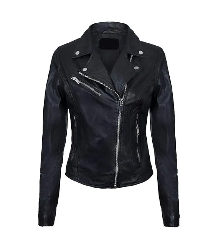 Front view of a women's classic black biker leather jacket featuring an asymmetrical zipper, lapel studs, and chest zip pocket.