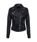 Front view of a women's classic black biker leather jacket featuring an asymmetrical zipper, lapel studs, and chest zip pocket.