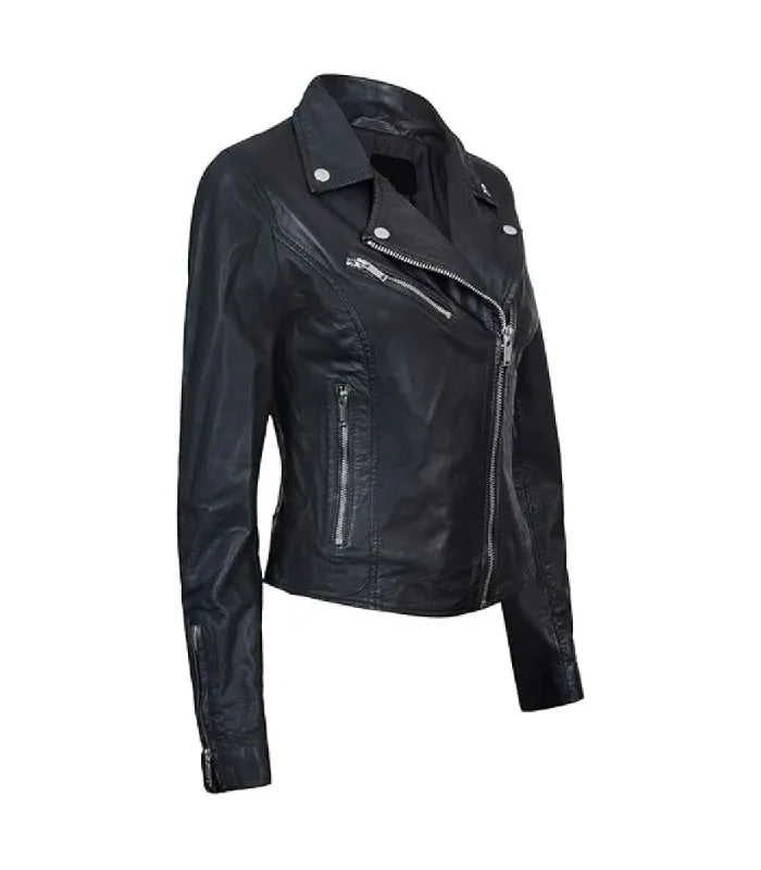 Angled front profile showcasing silver zipper hardware, lapel collar, and zippered cuffs on a women's black biker leather jacket.