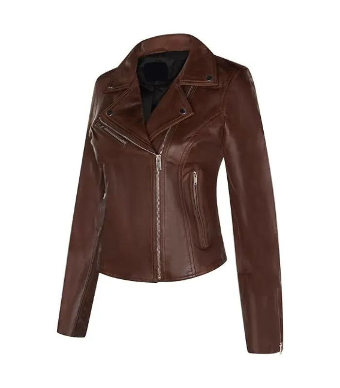 Angled front profile displaying lapel studs, asymmetrical zip placket, and fitted silhouette on a women's brown biker leather jacket.