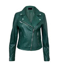 Front view of a women's classic green biker leather jacket featuring metal lapel studs, side zip pockets, and an asymmetrical zip closure.