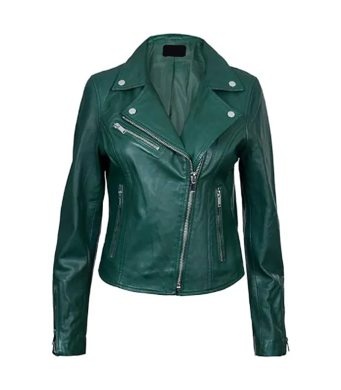 Front view of a women's classic green biker leather jacket featuring metal lapel studs, side zip pockets, and an asymmetrical zip closure.