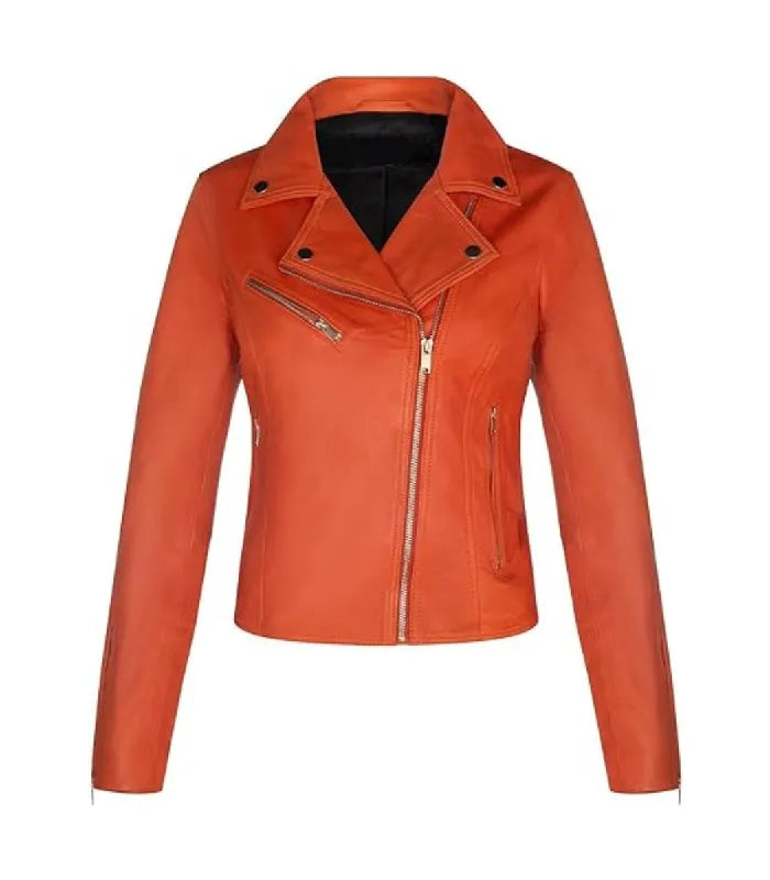 Direct front view of a women's orange classic biker leather jacket featuring metal lapel studs, chest zip pocket, and asymmetrical zip closure.