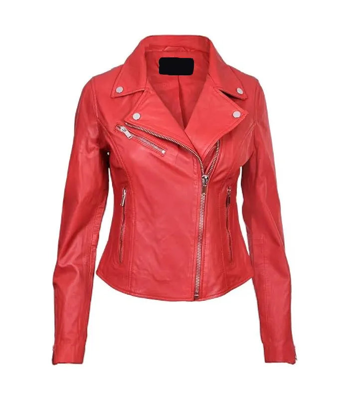 Direct front view of a women's classic red leather biker jacket with asymmetrical zipper, chest zip pocket, and snap-down lapels.