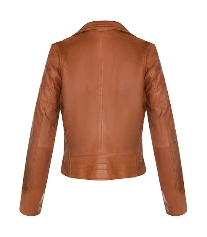 Rear perspective of a women's tan classic biker leather jacket showcasing tailored back seam stitching and bottom hem design.