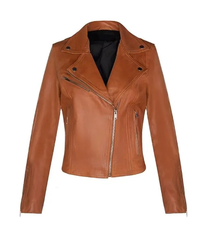 Front view of a women's classic tan biker leather jacket featuring notch lapels, chest zip pocket, and asymmetrical zipper closure.