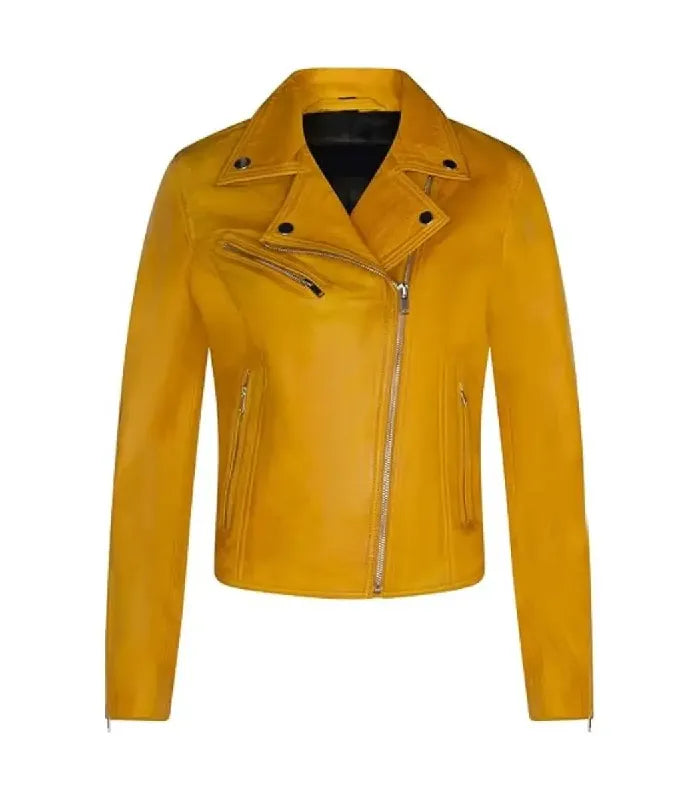 Front view of a women's classic yellow biker leather jacket featuring an asymmetrical zipper, studded lapels, and chest zip pocket.