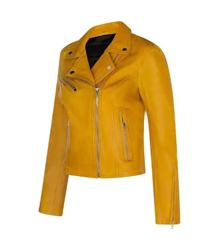 Angled front profile displaying lapel studs, zipper cuffs, and asymmetrical zip closure on a women's yellow biker leather jacket.