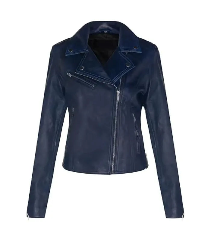 Direct front view of a women's dark blue biker leather jacket featuring metal lapel studs, chest zip pocket, and asymmetrical zip closure.