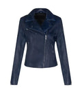 Direct front view of a women's dark blue biker leather jacket featuring metal lapel studs, chest zip pocket, and asymmetrical zip closure.