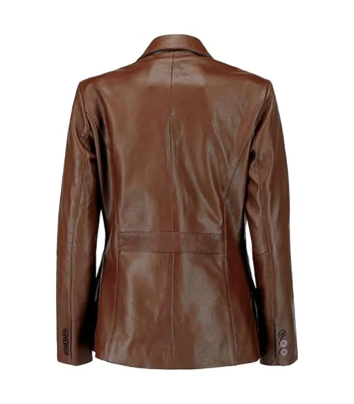 Rear view of a Womens Dark Brown Leather Blazer showing vertical panel stitching, back waist band detailing, and buttoned cuffs.