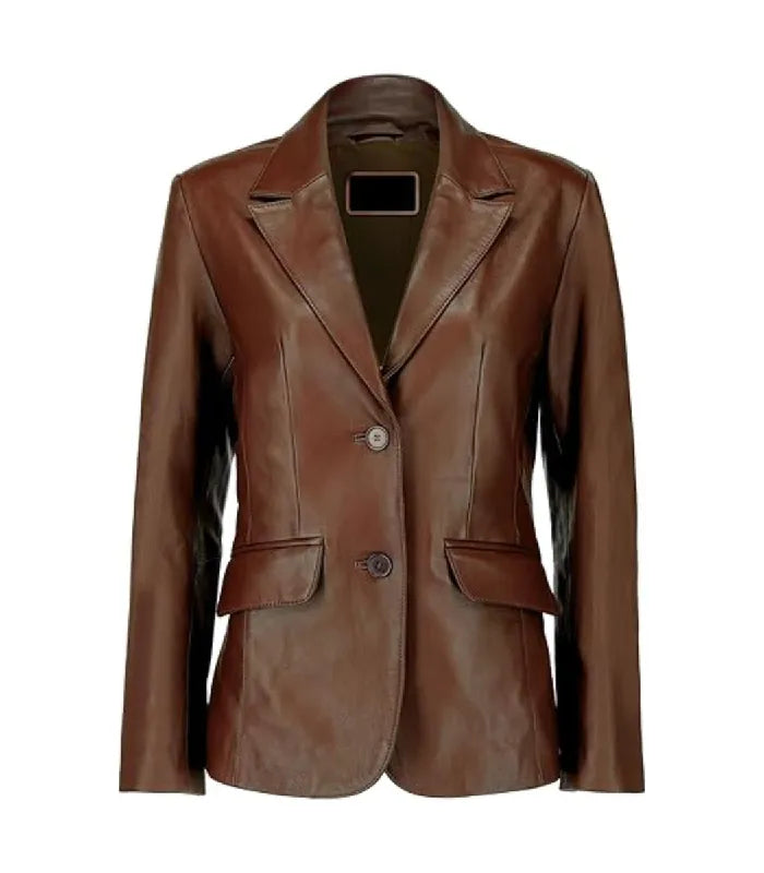 Front view of a Womens Dark Brown Leather Blazer featuring notch lapels, a two-button front closure, and waist flap pockets.
