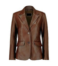 Front view of a Womens Dark Brown Leather Blazer featuring notch lapels, a two-button front closure, and waist flap pockets.