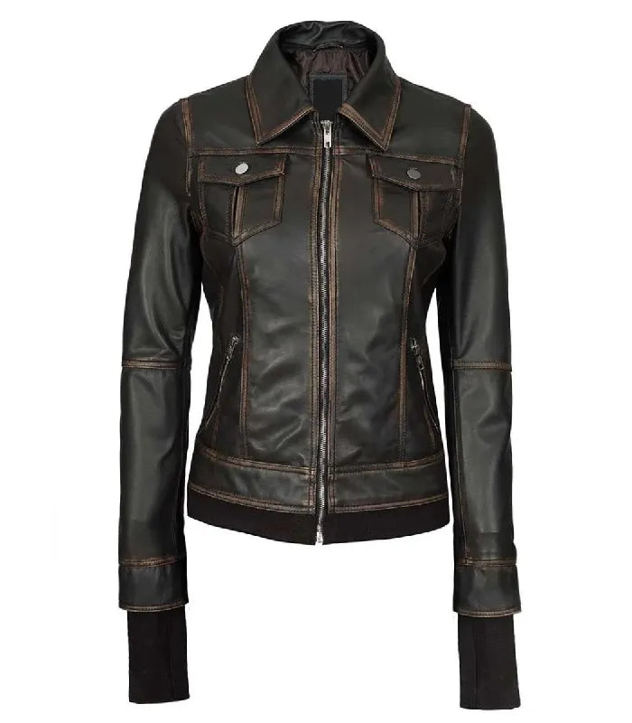 Front view of a women's distressed dark brown leather bomber jacket without the hood, featuring burnished edges, a classic pointed collar, and dual flap chest pockets.