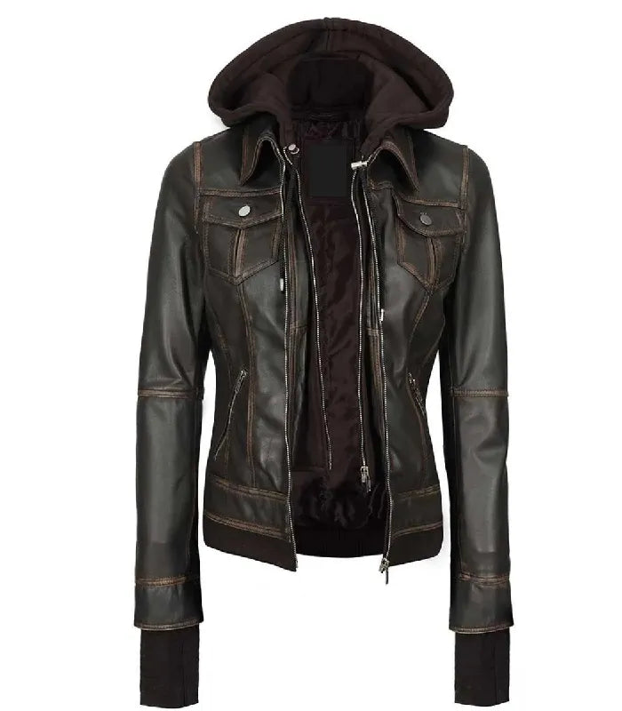 Front open view of a women's dark brown hooded leather bomber jacket showing a detachable dark fleece hood, inner double zipper layer, and burnished seam details.