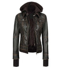Front open view of a women's dark brown hooded leather bomber jacket showing a detachable dark fleece hood, inner double zipper layer, and burnished seam details.