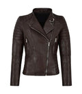 Front view of a Womens Dark Brown Quilted Leather Biker Jacket featuring an asymmetrical zipper closure, lapel collar with D-ring ring latch, channel-quilted shoulders, and zip side pockets.
